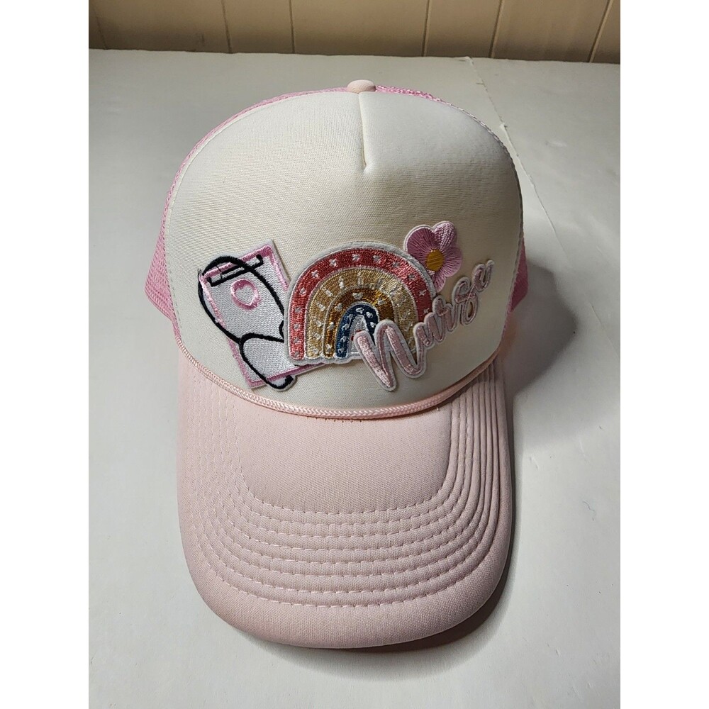 Nissin Cap Nurse Themed Trucker Hat Pink Embroidered Patches Snapback NWOT